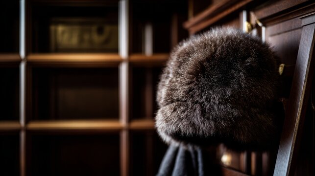 bearskin. Deep brown bearskin ushanka hat resting on a dark wooden coat rack. wildlife magazines, conservation campaigns, designed for wildlife conservation campaigns and eco-tourism storytelling.
