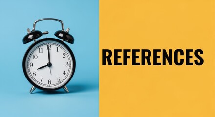 Fototapeta premium Alarm clock on blue background indicating time to collect references for a yellow background