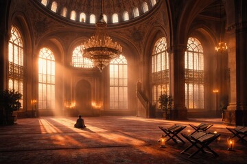 Obraz premium A peaceful and serene photo of a mosque in the early morning during Ramadhan