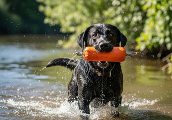 A realistic portrait of a wet Labrador Retriever carrying a retrieved dummy from a river, a working dog in its element. . High quality photo