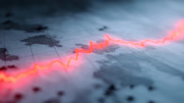 Red neon trend line financial chart across blurred world map. glowing line analytics and data visualization showing growth, volatile global economy, dramatic futuristic heartbeat energy conveying