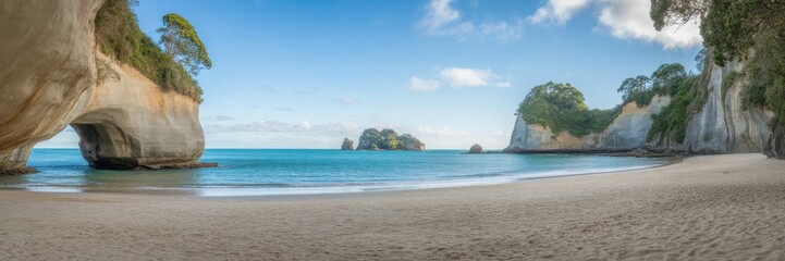 Stunning panoramic view of Cathedral Cove beach with its iconic rock archway and turquoise water.