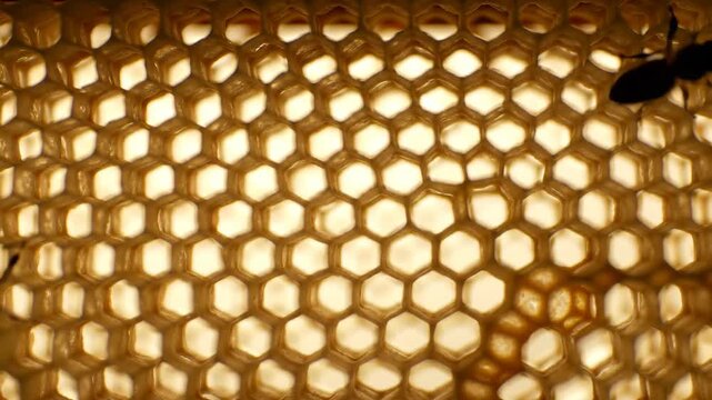 Close up of bees on honeycomb, showing hive and beeswax in the apiary.