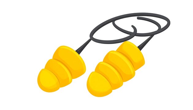 Yellow foam earplugs joined by a black wire, viewed from above