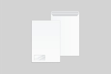 White mailing envelope mockup with open, closed flaps with transparent window, minimal stationery packaging template for business correspondence, branding, print design, and postal presentation.