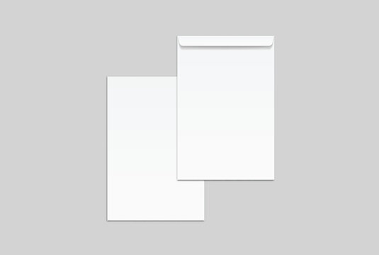 White mailing envelope mockup with open and closed flaps on a clean gray background, minimal stationery packaging template for business correspondence, branding, print design, and postal presentation.