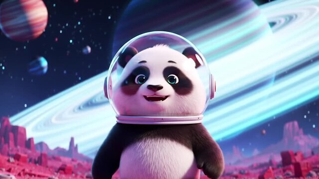 Panda Astronaut on Alien Planet Animated Scene. Cartoon Panda in Space Suit Exploration Video. Whimsical Space Adventure Animation with Planets.