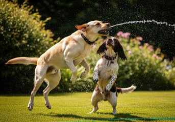 A playful dog enjoys biting and chasing a stream of water from a garden hose in a summer yard. High quality photo