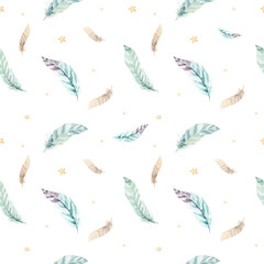 Feathers pattern. Watercolor elegant background. Watercolour color organic design print. Seamless repeating colour boho texture with hand drawn chic wallpaper. Bird illustration