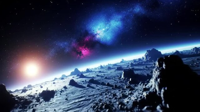 Animated Cosmic Scene with Rocky Planet Horizon. Serene Space Animation with Starry Background. Planet Surface with Distant Star Glow Video.