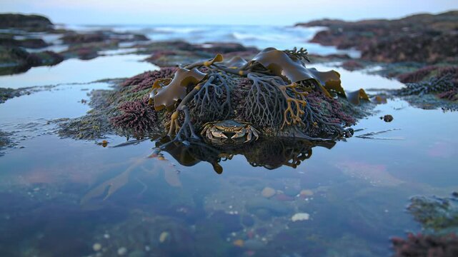 Crab hiding among seaweed in tidal pool at rocky shore during dusk, wildlife, ocean, nature and travel concept.