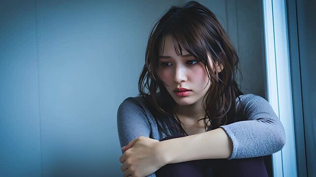 窓際で膝を抱え将来に不安を感じる日本人女性