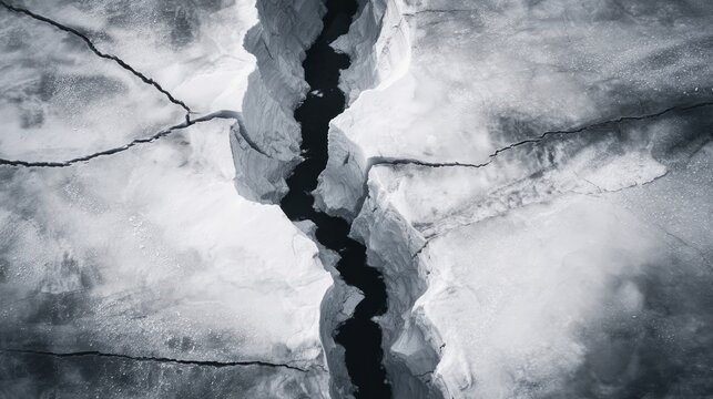 uriel. Aerial view of a deep lightning-shaped crack splitting a smooth glacier surface. travel magazines, destination branding, designed for travel destination branding, used by lab technicians.
