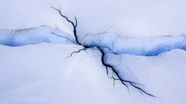 uriel. Aerial view of a deep lightning-shaped crack splitting a smooth glacier surface. travel magazines, destination branding, designed for travel destination branding, used by lab technicians.
