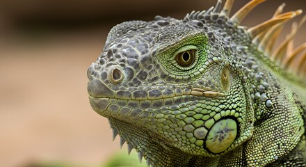 Obraz premium Close-up of a green iguana, showcasing textured scales, sharp spines, and intense eye contact