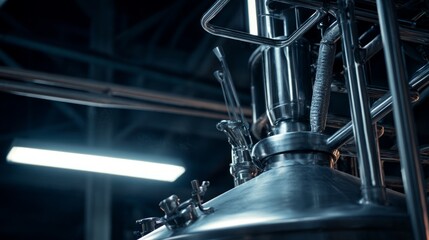 nepotism. A gleaming stainless steel fermenter with pipes in a dim cellar. bar promotions, beverage menus, packaging labels, designed for product packaging and bar promotions, used by photographers.
