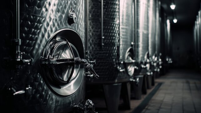 nepotism. A gleaming stainless steel fermenter with pipes in a dim cellar. bar promotions, beverage menus, packaging labels, designed for product packaging and bar promotions, used by photographers.
