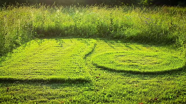 Green lawn with number 50 cut in grass in field, nature landscape.