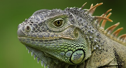Obraz premium Close-up of a green iguana, showing detailed scales, eye, and dorsal spines, against blurred green
