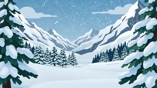 Stylized winter mountain landscape with snow covered pine trees