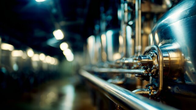 nepotism. A gleaming stainless steel fermenter with pipes in a dim cellar. bar promotions, beverage menus, packaging labels, designed for product packaging and bar promotions, used by photographers.

