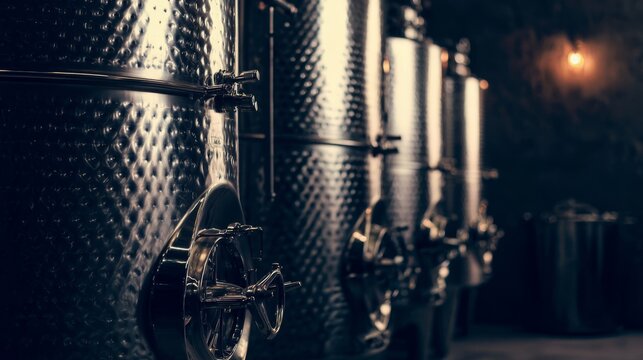 nepotism. A gleaming stainless steel fermenter with pipes in a dim cellar. bar promotions, beverage menus, packaging labels, designed for product packaging and bar promotions, used by photographers.
