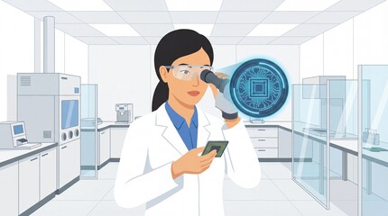 Fototapeta premium A female scientist examining a microchip in a modern laboratory setting with a magnifying glass