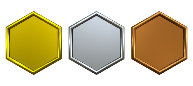 3D Metallic Hexagon Rank Badges &ndash; Gold Silver Bronze Textured Emblem Set (Transparent PNG) for Game UI and Rewards