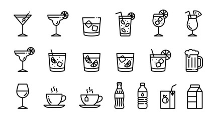 Set of 18 Minimalist Beverage and Cocktail Line Icons Featuring Martini, Margarita, Whiskey, Beer, Coffee, Tea, Wine, Soda, Water, and Juice, Ideal for Restaurant Menus, Apps, and Web Design.