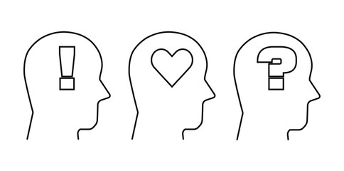 アイデアや考えのコンセプトのアイコンセット。疑問・解決・気に入る。白黒ベクターイラストレーション