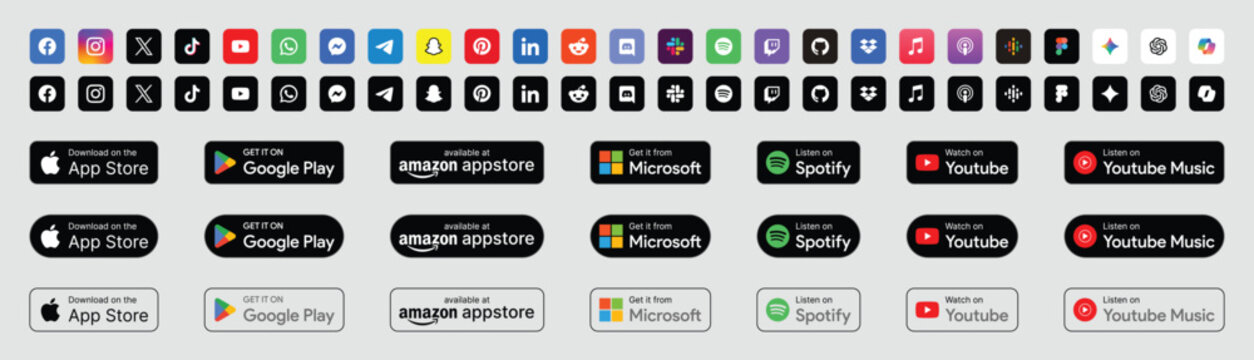 social media app logos and store buttons icon set black white colorful vector collection