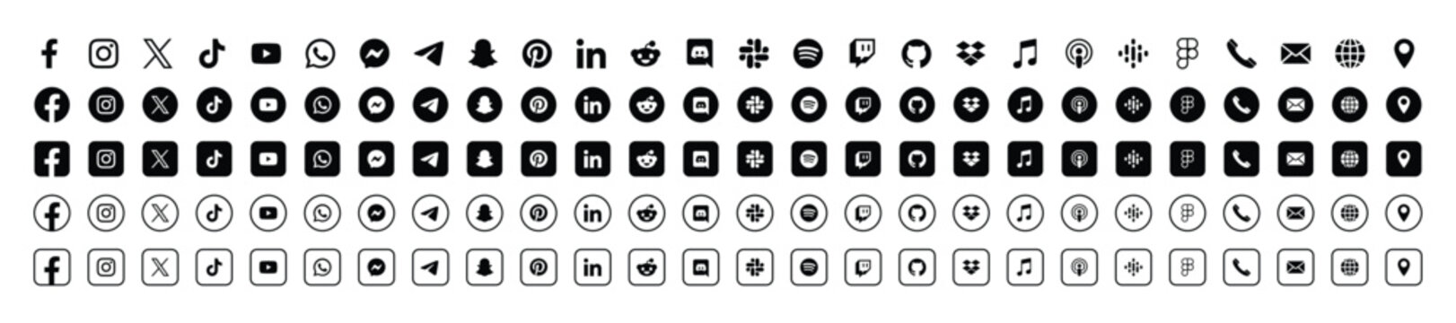 social media black and white app logo icon set flat outline glyph vector collection