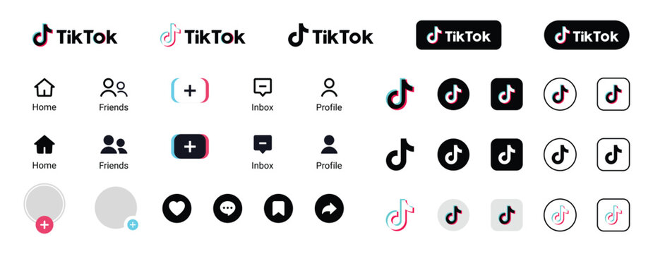tiktok social media app interface icons set logo home inbox profile button pack