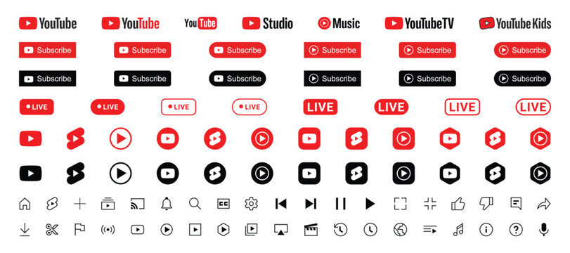 youtube subscribe button and video control icons set red black white interface pack