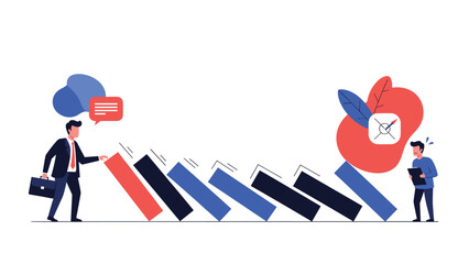 Fototapeta premium Businessman initiating a chain of falling dominoes while another observes the consequences, symbolizing cause and effect, risk assessment, strategic decisions, and impact analysis in business.
