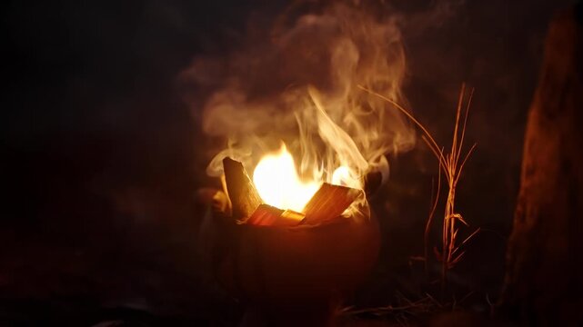 Ocote wood burns in clay vessel during traditional Mayan ceremony