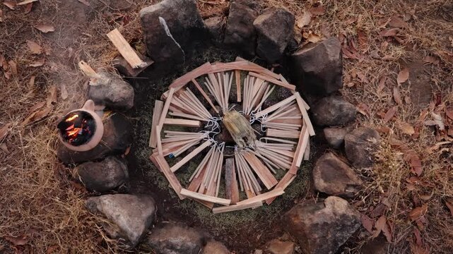 Ocote wood altar prepared for Mayan fire ceremony in Guatemala