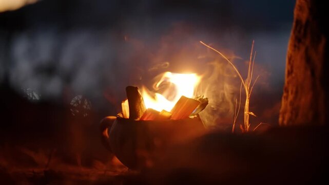 Ocote wood burns in clay vessel during Mayan fire ceremony