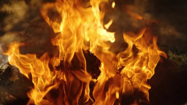 Large flames rise from sacred fire during Mayan ceremony