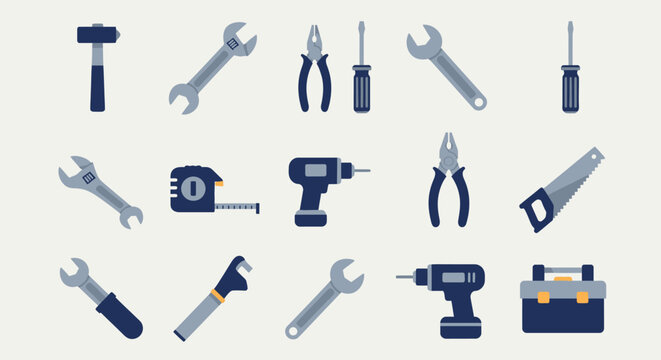 Professional Home Improvement and Construction Tools Icon Set. Hammer, Wrench, Drill, Screwdriver, and Toolbox in Flat Vector Style.