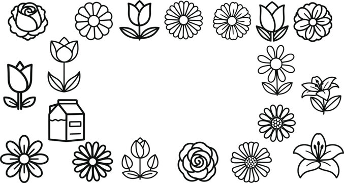 Black and white line art of various flowers and carton milk outline illustrations