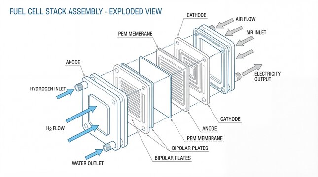 Detailed exploded view illustration of a fuel cell stack assembly with hydrogen, air, and water flow diagrams, isolated on a white background for technical presentations.