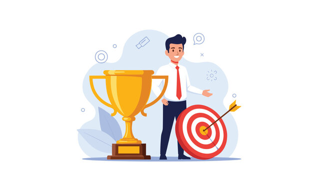 Smiling businessman proudly stands beside a golden trophy and a bullseye target with a direct hit, symbolizing achievement, success, and goal accomplishment.