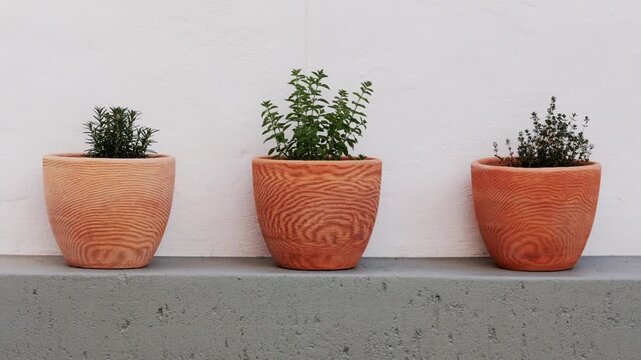Aromatic herbs, oregano, thyme and marjoram in orange terracotta pots on a wall