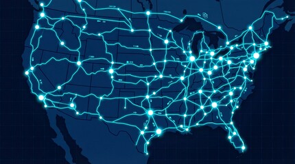 Digital network map of the United States with glowing aqua nodes and connecting lines on a dark blue background, representing data flow and connectivity.