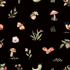 Fototapeta premium Whimsical Woodland Pattern with charming and delicate seamless pattern featuring soft color mushrooms, sprigs of foliage, and tiny berries