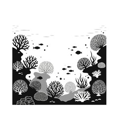 Naklejka premium Monochrome coral reef scene with fish and seaweed underwater