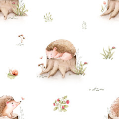 Fototapeta premium Watercolor seamless pattern of cute sleeping baby hedgehog animal. Woodland nursery illustration for children wallpaper, textile and fabric pattern. image