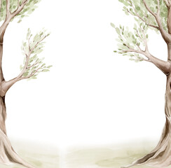 Fototapeta premium Watercolor woodland background with soft trees forming a gentle frame and empty space in the center. 