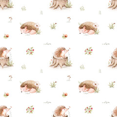 Fototapeta premium Watercolor seamless pattern of cute sleeping baby hedgehog animal. Woodland nursery illustration for children wallpaper, textile and fabric pattern. watercolour forest drawing for wrapping paper
